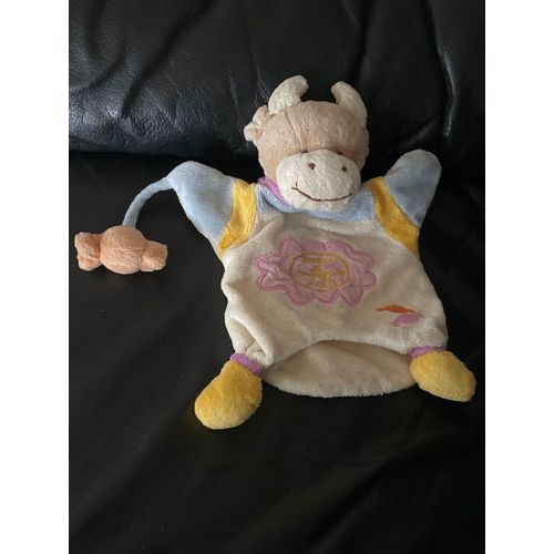 Marionnette Vache Cerise Tenant Un Bonbon Marron Blanche Et Bleue 22cm