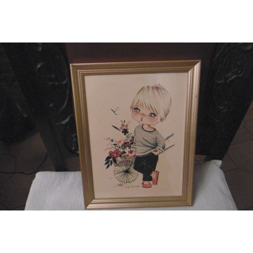 cadre photo tour plastique doré 20x27cm avec gravure enfant devant charrette fleurs