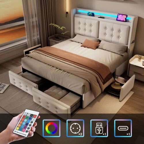 Lit double 180x200, avec tête de lit LED et fonction de recharge USB C et 4 tiroirs, capacité 300 kg, beige, coton (sans matelas)