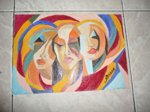Visage Abstrait Tableau Peint Main Acrylique Sur Papier Dessin 24x32 A Mettre Sous Verre