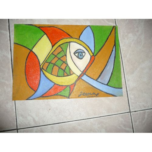 POISSON abstrait tableau peint main acrylique sur papier dessin 24x32 a mettre sous verre