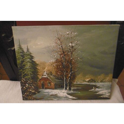 tableau sur chassis toilé 20x27cm peinture à l'huile " village d'hiver " de SANDERS