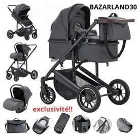 Poussette 3 En 1 Avec Siège Auto Portable Compacte Ressorts Absorbant Les Chocs Châssis En Alliage D'aluminium.Black Grey