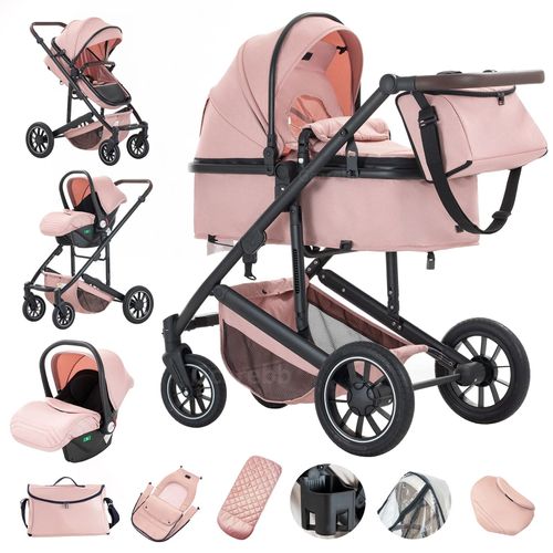 Poussette 3 En 1 Avec Siège Auto Portable Compacte Ressorts Absorbant Les Chocs Châssis En Alliage D'aluminium.Rose