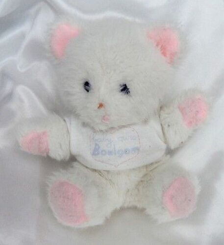 Doudou Peluche Chat Assis Blanc Et Rose T-Shirt Baby Ours Vintage Yeux Bleu Boulgom