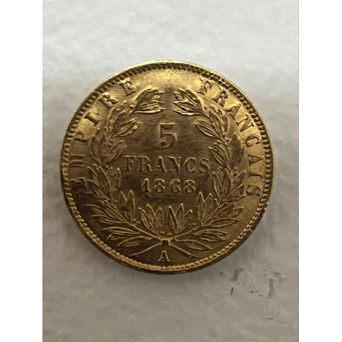Pièce 5 Francs Or Napoleon Tête Couronnée 