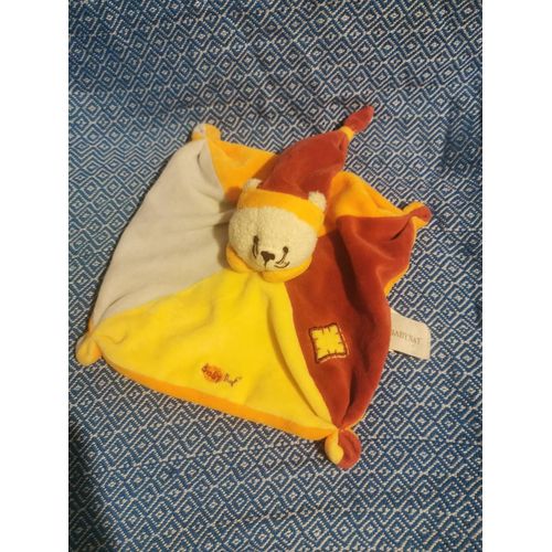 Doudou Plat Bordeau Jaune Orange Chat Bonnet Baby Nat'