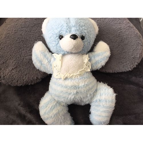 Ours Peluche Vintage Bleu Rayé Blanc Dentelle 