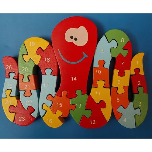 Puzzle Bois Serpent Pieuvre Avec Lettres Ou Chiffres Couleurs Dans Sa Boîte En Bois D'origine