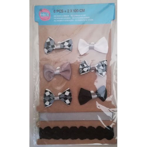 Kit 6 Noeuds + 2x1m Ruban Assortis Ton Noir, Gris Et Blanc Pour Scrapbooking, Carterie, Décoration... -