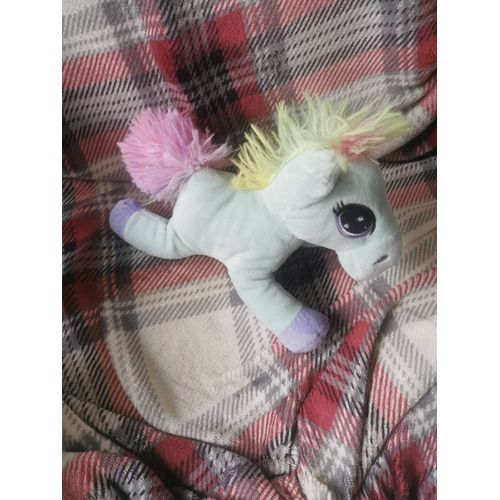Doudou Peluche Poney Cheval Couché Bleu Turquoise Crinière Multicolore Pastel Sabot Mauve