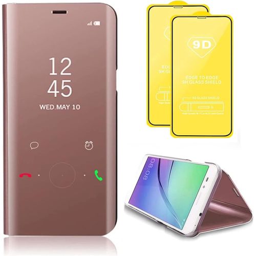 Compatible Avec Coque Samsung Galaxy M11 (Eur) Flip Clear View Translucide Miroir Cover Standing 360°Housse Étui Antichoc Smart Cover Bumper + Film Verre Trempé 2 Pièce-Rose Or