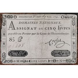 Assignat 5 Livres - 1 Novembre 1791 - Série 85 C - N°95408 - Corsel