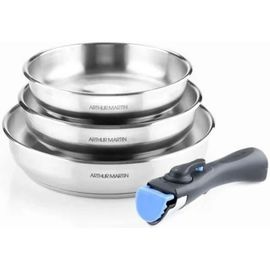 Set De 3 Poeles 20-24-26 Cm Arthur Martin Am1410 - Acier Inoxydable - Poignée Amovible - Tous Feux Dont Induction