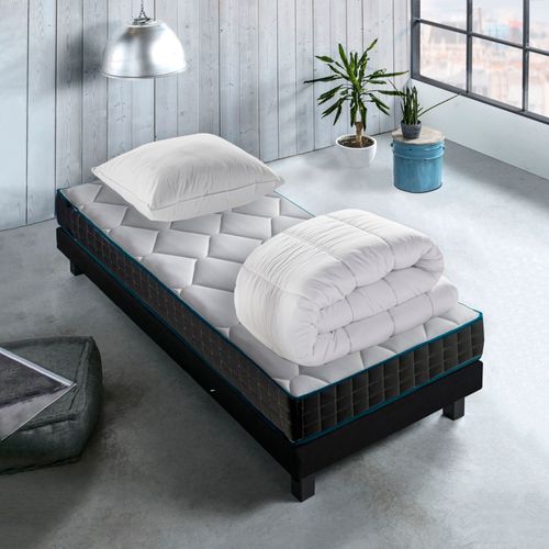 Pack Matelas ressorts ensachés 90x190 cm ATMOSPHERE, + 1 couette + 1 oreiller. 7 zones de confort, Epaisseur 19 cm. Confort mi-ferme. Hypoallergénique, Fabriqué en Belgique. Matelas garanti 10 ans