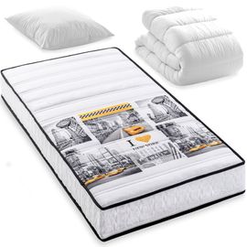 BLUE MOON Pack Soho Matelas 90x190 New York + Couette + Oreiller 5 Zones de Confort Épaisseur 15cm Fabriqué en Belgique