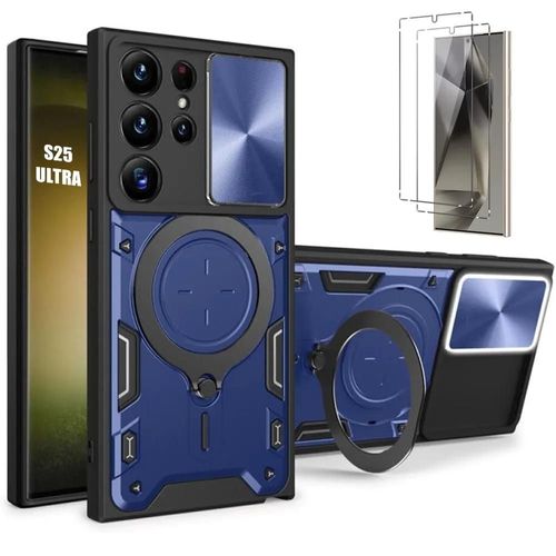 Coque + 2 Verres Trempés pour Samsung Galaxy S25 Ultra, Anti-Rayure Renforcée Cache Caméra Support - Bleu Marine - E.F.Connection