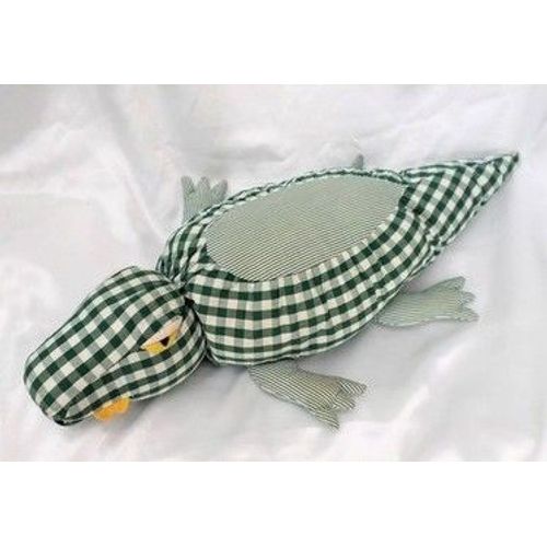 Doudou Peluche Crocodile Tissu Carreaux Rayures Vert Et Blanc Vintage Nounours