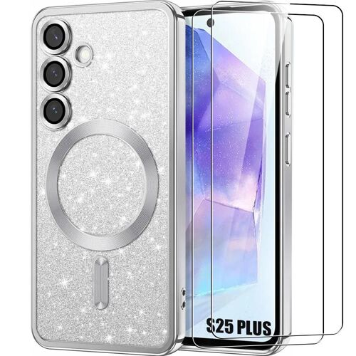 Coque + 2 Verres Trempés Pour Samsung Galaxy S25 Plus (S25+), Cercle Magnétique Protection Caméra - Argenté Pailleté - E.F.Connection