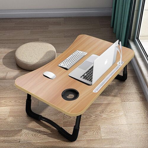 Ulteronixshop-Table de Lit Pliable, Support Ordinateur Portable avec 4 Ports USB/Tiroir/Fente pour Tasse/Support Pad, Convient pour Canapé, Sol (60x40cm, Couleur du Bois)