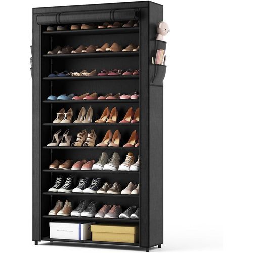 Étagère à chaussures 10 niveaux, armoire grande capacité pour jusqu¿à 50 paires, avec housse anti-poussière, structure métallique, noire, pour entrée et salon