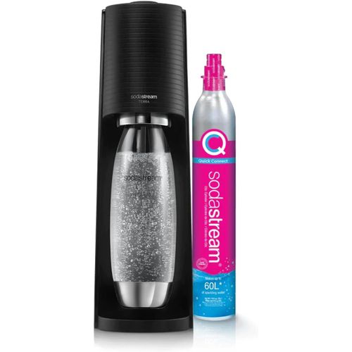 SUBZONAL-SodaStream TERRA Machine à Eau Pétillante et Soda | Pack 1 Bouteille 1L Finition Acier Inoxydable Compatible Lave-Vaisselle + 1 Recharge de Gaz 60L à Clipser | Noire