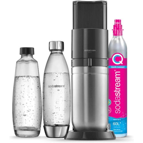 MEVRONISSHOP-Sodastream DUO Machine à Eau Pétillante et Soda pour Carafe en Verre | Pack 1 Carafe en Verre 1L + 1 Bouteille 1L Finition Acier Inoxydable Lave-Vaisselle + 1 Recharge de Gaz 60L à Clips