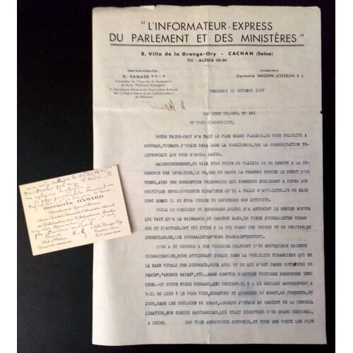 1937 : Lettre Et Carte De Visite Signée De Hippolyte Hamard (Courrier Du Parlement... Blum)