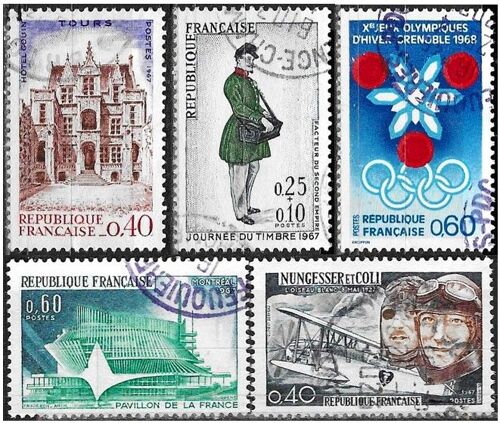 France 1967, Beaux Timbres Yvert 1516 Journée Du Timbre, Facteur, 1519 Expo Internationale De Montréal, 1520 J.O. De Grenoble, 1523 Nungesser Et Coli Et 1525 Congrès Philatélique À Tours, Oblit. Tbe.