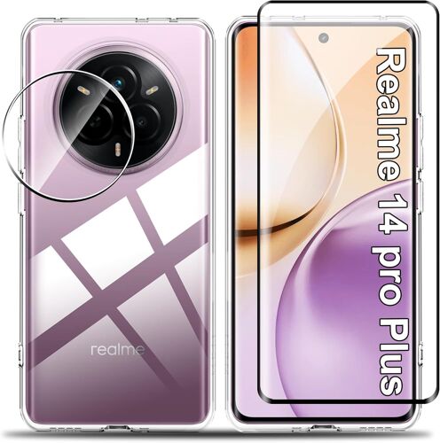 JGD-Coque pour Realme 14 Pro+/14 Pro Plus avec 1 Verre Trempé Protection écran Deux avec 1 Pièces Caméra, Transparent Soft Etui Silicone TPU Cover Housse Absorption Anti-Scratch Housse étui