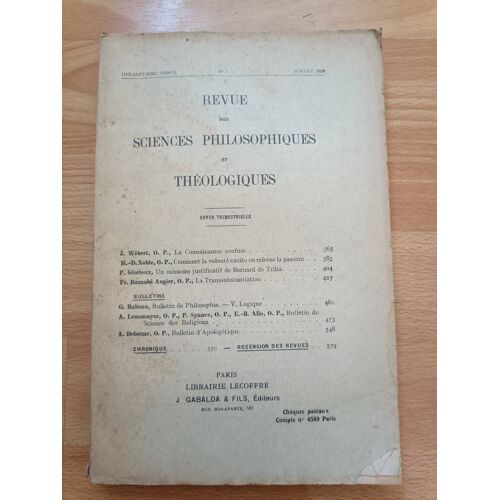 Revue Des Sciences Philosophiques Et Théologiques N°3 De Juillet 1928