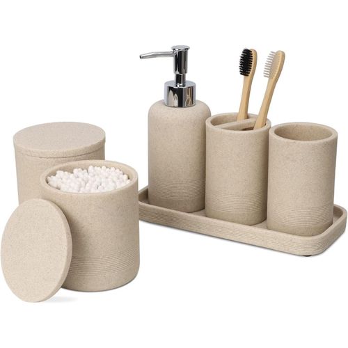 CMJAAGUR-Accessoires Salle De Bain Beige -Decoration Salle De Bain Avec Distributeur Savon, Porte À Dents, 2 Supports Qtip Et Gobelet[M22]