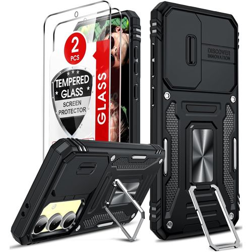 Coque Antichoc Samsung Galaxy S24 Fe / S24 Fe 5g - Cache Caméra Coulissant, Anneau Rotatif 360°, Bumper Tpu+Pc, Noir