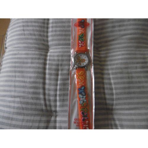Montre Enfant Mixte Affichage Analogique Quartz Cadran Chromé Avec Fond Papillon Bracelet Plastique Orange Avec Papillons Relief Best Style