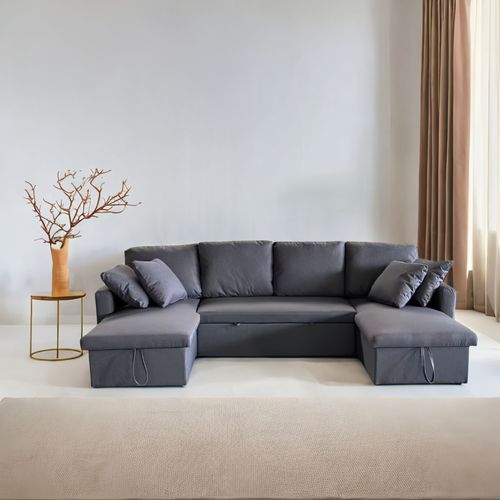 Canapé Panoramique Convertible Avec Coffre 4 Places En Tissu Mahé - Gris Foncé