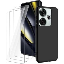 Coque Realme Gt 6 5g (6,78"") Noire Silicone Tpu Souple + 3 Verres Trempés 9h Anti-Éclatement Anti-Empreintes Bords Surélevés