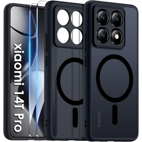 Coque Magnétique Pour Xiaomi 14t Pro + 2 Verres Trempés, Compatible Magsafe, Antichoc Avec Bords Surélevés, Dos Translucide Mat ¿ Noir