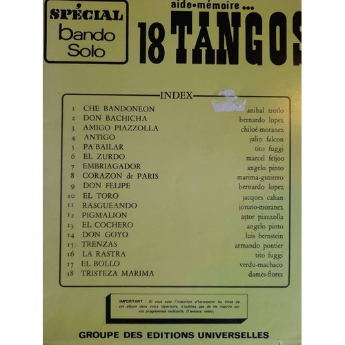 18 Tangos Bandonéon  Solos Aide Mémoire . Editions Universelles