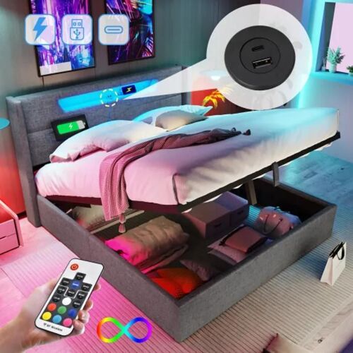 Lit LED tapissé Lit de rangement avec USB Type C et éclairage LED Sommier à lattes (sans matelas) 140x200