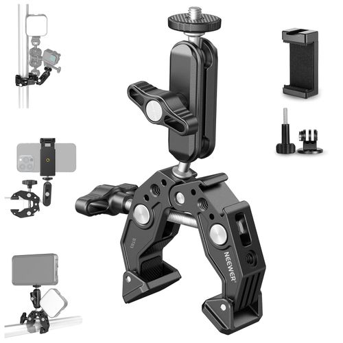 NEEWER Super Pince avec Bras Magique à Double tête sphérique de 7,6cm Griffe Froide Filetage 6,35mm Adaptateur Montage téléphone/action cam pour trépied Bureau Compatible avec SmallRig GoPro DJI, ST83