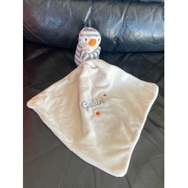 Doudou Peluche Pingouin Rayé Gris Et Blanc Mouchoir 30cm