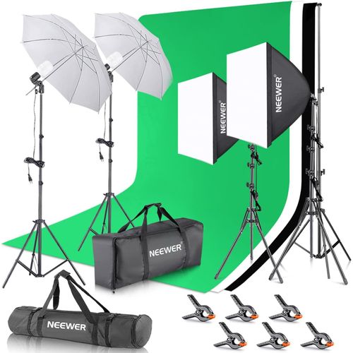 NEEWER Kit Studio Photo et éclairage, 2,6m x 3m Système de Support de Toile de Fond, équivalent 800W 5700K Ampoules LED Parapluie Softbox éclairage Continu pour Portrait et Photographie Vidéo