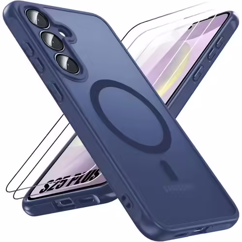 Coque Et 2 Verres Trempés Pour Samsung Galaxy S25 Plus (Galaxy S25+), Avec Anneau Magnétique Et Vitre Caméra - Bleu Marine - E.F.Connection