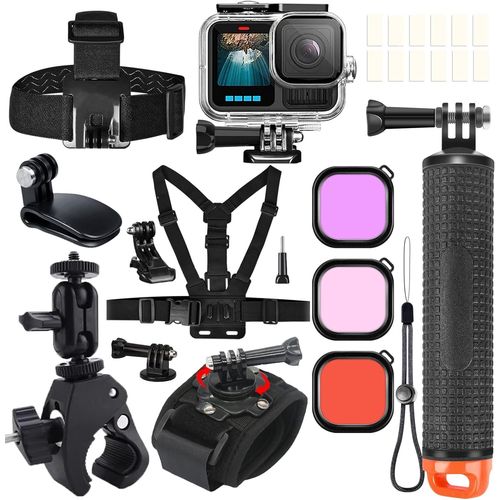 Kit d'accessoires pour Gopro Hero 13 12 11 10 9, Boîtier étanche Poignée Flottante Poitrine Sangle tête Sangle de Poignet Super Pince Support de Guidon Filtres de plongée Inserts Anti-buée