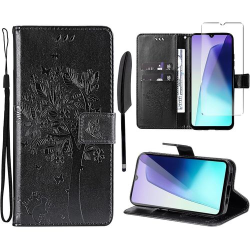 Case For Xiaomi Redmi 14c/Poco C75 [1 X Tempered Glass] Folio Protective Case Cover Pu Leather Wallet Silicone [Magnetic Closure] [Card Slots] [Stand Feature] - Black