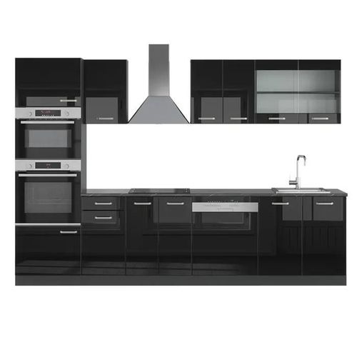 Cuisine R-Line, 300 Cm Avec Armoire Haute, Sans Plan De Travail, Noir Brillant/Anthracite, Vicco