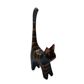 Chat Noir Sculpté En Bois Peint Style Oriental H12 Cm