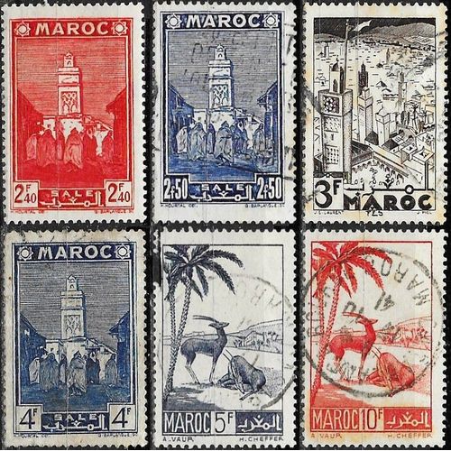 Maroc, Protectorat Français 1939 / 42, Beaux Timbres Yvert 190 192 193 194 196 Et 197, Mosquée De Salé, Vue De Fès Et Gazelles, Neuf*/ Oblitérés.
