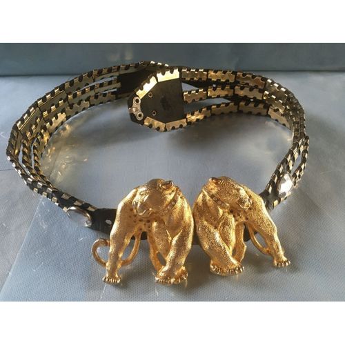 Vintage 1980 : Splendide Ceinture Noire / Dorée Motif Panthère - José Cotel