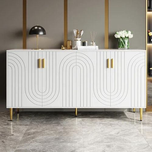 Buffet Blanc (152 X 40 X 75 Cm), Design Unique En Forme De Vague, Poignées Et Pieds Dorés